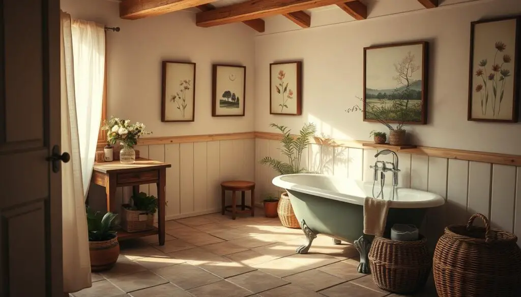 Prompt A cozy cottage-style bathroom, with a rustic wooden vanity and claw-foot tub. The walls are adorned with nature-inspired wall art, featuring delicate floral patterns and serene landscapes. Soft, diffused lighting filters through sheer curtains, creating a warm, inviting atmosphere. The floor is covered in natural stone tiles, complementing the earthy, organic feel of the space. Potted plants and woven baskets add touches of greenery, further enhancing the nature-infused aesthetic. The overall impression is one of tranquility and understated elegance, perfect for a relaxing, spa-like experience.