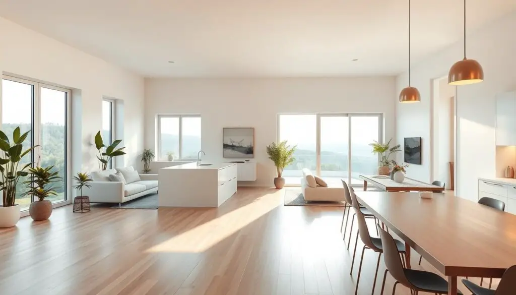 Seamless open concept living area, bright and airy, with a minimalist modern kitchen seamlessly integrated into the living space. Soft, warm lighting illuminates the hardwood floors and white walls, creating a calming ambiance. A large, panoramic window frames a picturesque outdoor view, blending the indoor and outdoor spaces. Clean lines, neutral tones, and a touch of greenery from potted plants effortlessly tie the whole scene together, exuding a sense of harmony and tranquility. A cozy sofa and armchair invite relaxation, while a sleek dining table and chairs suggest a fluid transition between living and dining. The overall impression is one of a cohesive, spacious, and inviting open-plan design. Seamless open concept living area, bright and airy, with a minimalist modern kitchen seamlessly integrated into the living space. Soft, warm lighting illuminates the hardwood floors and white walls, creating a calming ambiance. A large, panoramic window frames a picturesque outdoor view, blending the indoor and outdoor spaces. Clean lines, neutral tones, and a touch of greenery from potted plants effortlessly tie the whole scene together, exuding a sense of harmony and tranquility. A cozy sofa and armchair invite relaxation, while a sleek dining table and chairs suggest a fluid transition between living and dining. The overall impression is one of a cohesive, spacious, and inviting open-plan design.