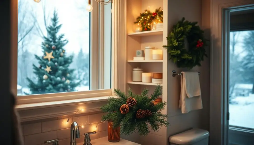 Seasonal Bathroom Decor: A cozy, well-lit bathroom scene with festive holiday accents. In the foreground, a vanity adorned with a lush evergreen wreath, pinecones, and twinkling string lights. On the middle shelves, fragrant candles and decorative ceramic jars in seasonal hues. The background features a large window letting in soft, natural light, with a snowy winter landscape visible outside. The overall atmosphere is warm, inviting, and infused with the spirit of the holidays.