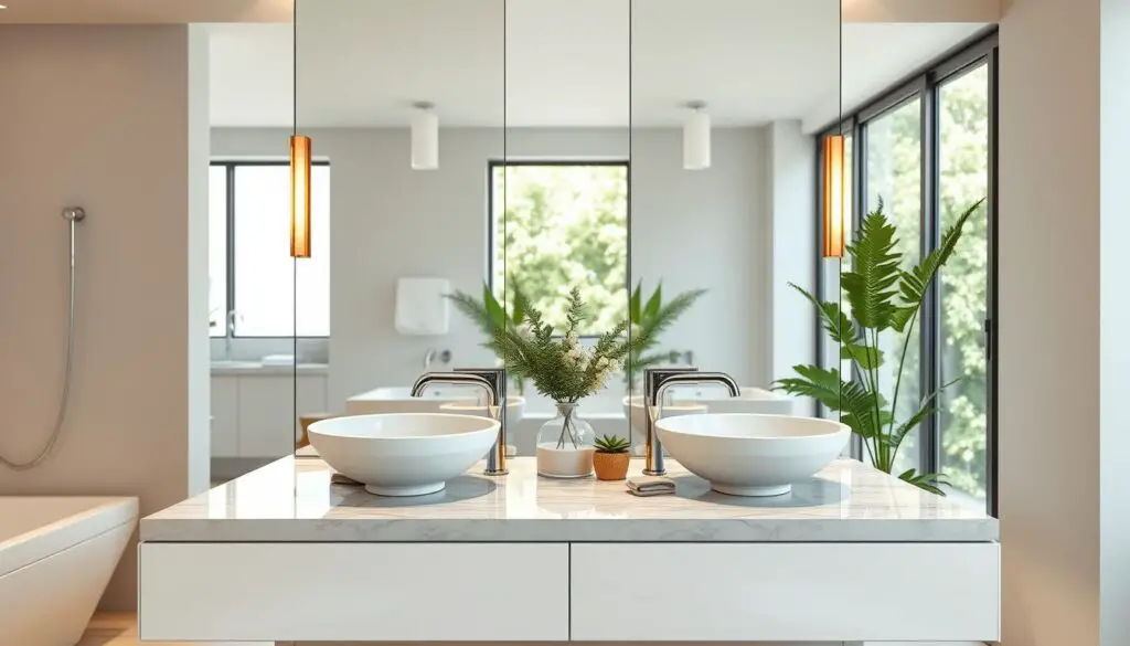 Sleek and modern double vanity with polished chrome fixtures, resting atop a luxurious stone countertop in a well-lit, spa-like bathroom. Warm task lighting casts a soft glow, complementing the natural daylight filtering through large windows. The sinks feature elegant vessel designs, seamlessly integrated into the minimalist, streamlined aesthetic. Hints of lush greenery and plush towels add a touch of natural warmth, creating an inviting and serene atmosphere perfect for a relaxing morning routine.
