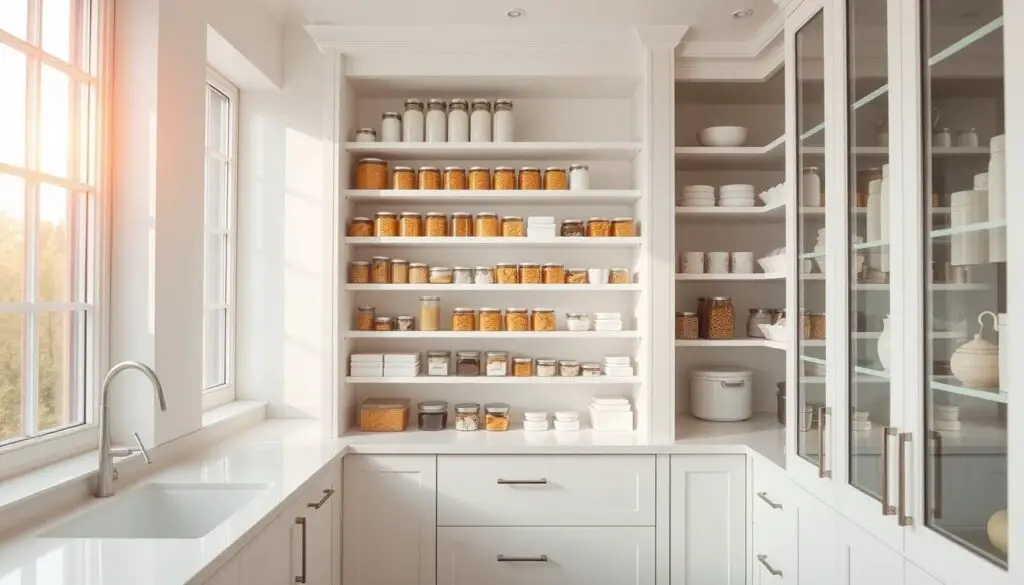Sleek and modern white kitchen pantry, neatly organized with minimalist shelving and glass-fronted cabinets. Warm natural light filters in through large windows, casting a soft glow on the pristine white surfaces. Rows of jars, canisters, and labeled storage containers line the shelves, creating a visually appealing and efficient layout. The pantry's clean, uncluttered design complements the overall aesthetic of a small white kitchen, with a focus on maximizing storage and minimizing visual noise. A subtle, muted color palette and streamlined, functional elements contribute to a sense of calm and organization, perfectly suited for the "Tips for Efficient Kitchen Organization" section. Sleek and modern white kitchen pantry, neatly organized with minimalist shelving and glass-fronted cabinets. Warm natural light filters in through large windows, casting a soft glow on the pristine white surfaces. Rows of jars, canisters, and labeled storage containers line the shelves, creating a visually appealing and efficient layout. The pantry's clean, uncluttered design complements the overall aesthetic of a small white kitchen, with a focus on maximizing storage and minimizing visual noise. A subtle, muted color palette and streamlined, functional elements contribute to a sense of calm and organization, perfectly suited for the "Tips for Efficient Kitchen Organization" section.