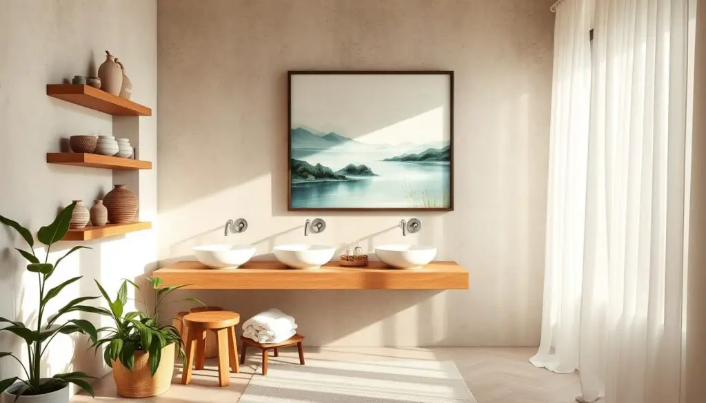 Soft, natural lighting bathes a serene spa-inspired small bathroom. A floating vanity with minimalist vessel sinks sits against a neutral-toned, textured wall. Lush green potted plants and a wooden stool create an organic, earthy ambiance. Floating shelves display a collection of artful, neutral-toned pottery and ceramics. A large, framed abstract landscape painting in muted blues and greens hangs as the focal point, reflecting the calming, nature-inspired aesthetic. Plush white towels, a freestanding bath mat, and a sheer, billowing curtain complete the soothing, relaxing atmosphere. Soft, natural lighting bathes a serene spa-inspired small bathroom. A floating vanity with minimalist vessel sinks sits against a neutral-toned, textured wall. Lush green potted plants and a wooden stool create an organic, earthy ambiance. Floating shelves display a collection of artful, neutral-toned pottery and ceramics. A large, framed abstract landscape painting in muted blues and greens hangs as the focal point, reflecting the calming, nature-inspired aesthetic. Plush white towels, a freestanding bath mat, and a sheer, billowing curtain complete the soothing, relaxing atmosphere.