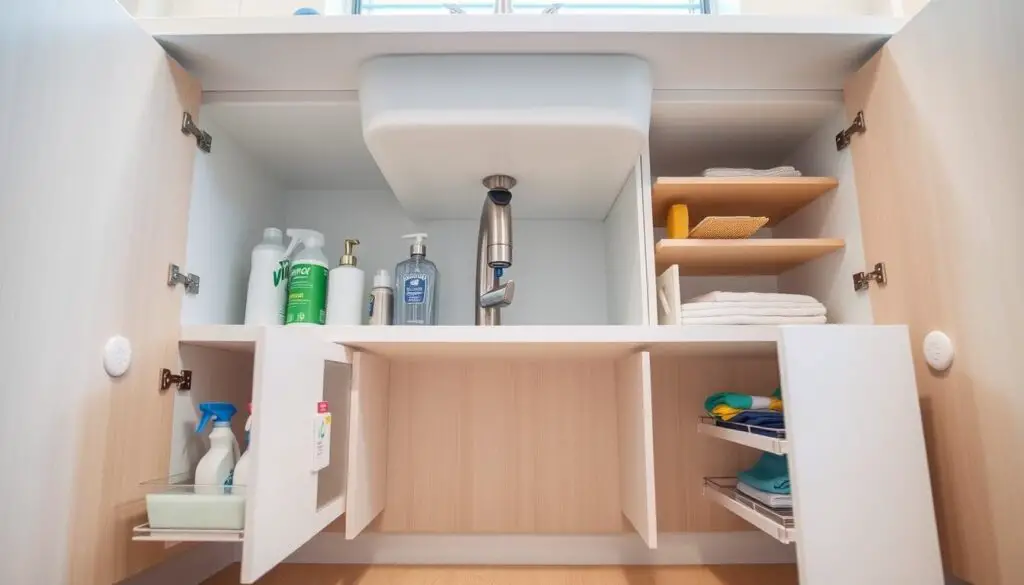 Under-sink storage solutions in a bright, modern kitchen. Sleek, custom-built cabinets with pull-out drawers and shelves optimizing the space underneath the sink. Stainless steel hardware and a minimalist design blend seamlessly with the light wood cabinetry and white countertops. Soft, diffused lighting from above highlights the clean, organized arrangement of cleaning supplies, sponges, and other essentials. The camera captures the solutions at a low angle, showcasing their practical yet stylish integration into the kitchen's overall design. Under-sink storage solutions in a bright, modern kitchen. Sleek, custom-built cabinets with pull-out drawers and shelves optimizing the space underneath the sink. Stainless steel hardware and a minimalist design blend seamlessly with the light wood cabinetry and white countertops. Soft, diffused lighting from above highlights the clean, organized arrangement of cleaning supplies, sponges, and other essentials. The camera captures the solutions at a low angle, showcasing their practical yet stylish integration into the kitchen's overall design.