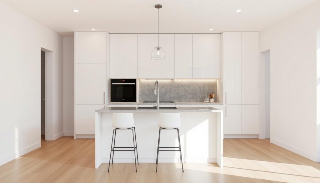 a compact kitchen island design with a sleek, minimalist aesthetic, set against a bright, airy kitchen interior with white walls and light wood floors. The island has a simple rectangular shape with a smooth, granite or quartz countertop and clean, straight edges. It features a built-in seating area with a couple of modern, backless bar stools positioned along one side, creating a casual, intimate dining space. The island is positioned in the center of the kitchen, acting as a functional and stylish focal point. The lighting is a combination of recessed ceiling fixtures and a minimal, pendant light hanging above the island, casting a warm, ambient glow. The overall impression is one of a streamlined, efficient, and visually appealing kitchen design that maximizes the available space.