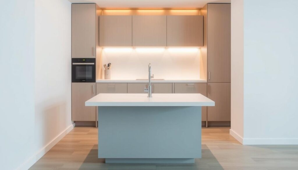 a compact, modern kitchen island design with a sleek, minimalist appearance. The island features a clean, white countertop with a simple, rectangular shape. The base of the island is a soft, muted gray, providing a subtle contrast to the countertop. The island is positioned in the center of the kitchen, creating a functional and visually appealing focal point. The lighting above the island is warm and inviting, casting a gentle glow on the surrounding area. The kitchen walls are a light, neutral color, allowing the island to stand out. The overall atmosphere is one of sophistication and understated elegance, perfectly suited for a small kitchen space.
