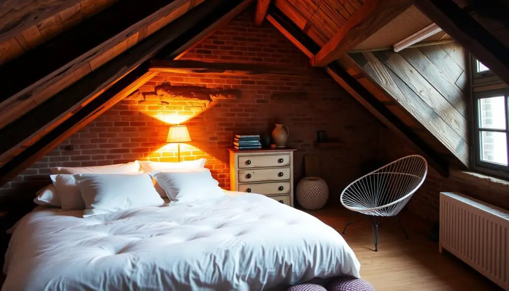 a cozy and inviting attic bedroom, with warm lighting casting a soft glow over the space. a plush bed with crisp white linens and fluffy pillows is the focal point, nestled under the slanted roofline. rustic wood beams and exposed brick walls add charming character, while a cozy reading nook by the window provides a serene spot to relax. a mix of vintage and modern furnishings, including a distressed dresser and a sleek minimalist chair, creates a harmonious blend. the overall atmosphere is one of tranquility and comfort, perfect for unwinding in this secluded haven. a cozy and inviting attic bedroom, with warm lighting casting a soft glow over the space. a plush bed with crisp white linens and fluffy pillows is the focal point, nestled under the slanted roofline. rustic wood beams and exposed brick walls add charming character, while a cozy reading nook by the window provides a serene spot to relax. a mix of vintage and modern furnishings, including a distressed dresser and a sleek minimalist chair, creates a harmonious blend. the overall atmosphere is one of tranquility and comfort, perfect for unwinding in this secluded haven.
