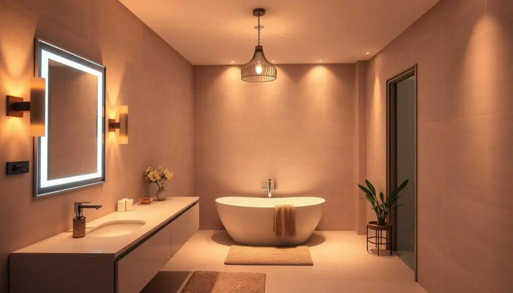 a cozy and inviting bathroom with warm, ambient lighting from a variety of sources - a large vanity mirror with integrated LED lighting, a wall-mounted sconce on either side, a recessed ceiling light that casts a soft, even glow, and a delicate pendant lamp hanging above a freestanding bathtub. the tiles on the floor and walls are a soft, muted tone that complements the lighting, creating a serene and tranquil atmosphere. the space is clean and clutter-free, with just a few carefully chosen decor elements like a potted plant and a plush bath mat to add a touch of personality. the overall effect is one of relaxation and rejuvenation. a cozy and inviting bathroom with warm, ambient lighting from a variety of sources - a large vanity mirror with integrated LED lighting, a wall-mounted sconce on either side, a recessed ceiling light that casts a soft, even glow, and a delicate pendant lamp hanging above a freestanding bathtub. the tiles on the floor and walls are a soft, muted tone that complements the lighting, creating a serene and tranquil atmosphere. the space is clean and clutter-free, with just a few carefully chosen decor elements like a potted plant and a plush bath mat to add a touch of personality. the overall effect is one of relaxation and rejuvenation.