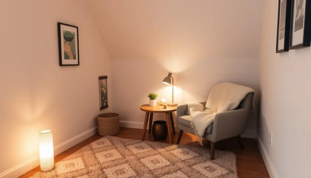 a cozy and inviting tiny bedroom with a plush area rug, a small wooden side table with a table lamp casting a warm glow, and a cozy armchair with a soft, patterned throw blanket. the walls are painted a soft, calming color and adorned with a few framed art prints. a small bookshelf in the corner holds a few carefully curated books and trinkets. the overall mood is one of tranquility and comfort, creating a perfect nook for relaxation and reading. a cozy and inviting tiny bedroom with a plush area rug, a small wooden side table with a table lamp casting a warm glow, and a cozy armchair with a soft, patterned throw blanket. the walls are painted a soft, calming color and adorned with a few framed art prints. a small bookshelf in the corner holds a few carefully curated books and trinkets. the overall mood is one of tranquility and comfort, creating a perfect nook for relaxation and reading.