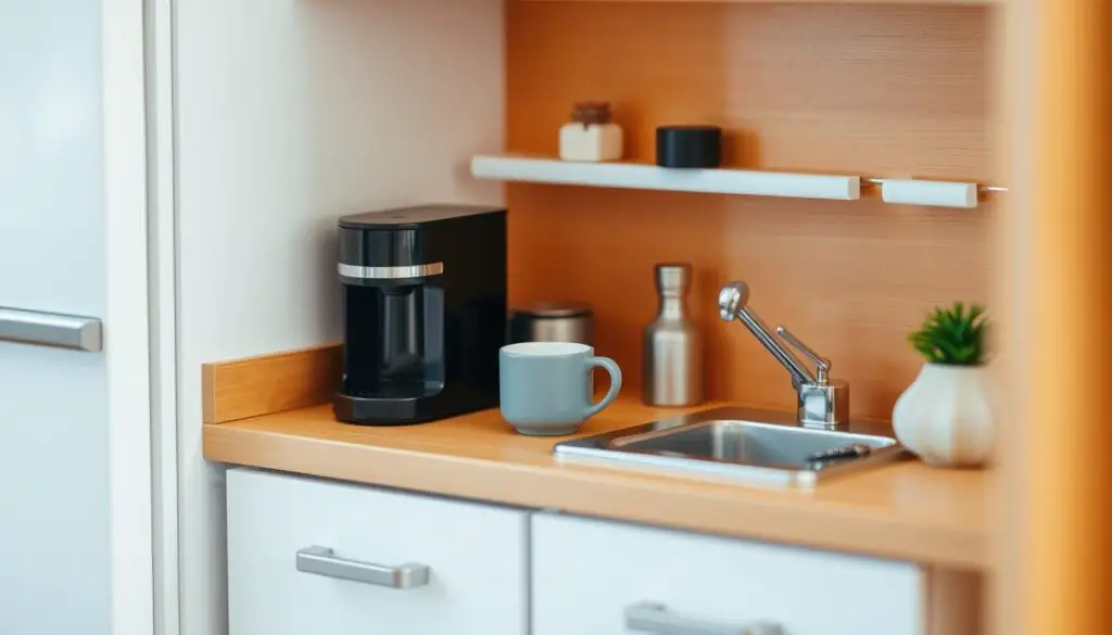 a cozy and well-organized miniature kitchen counter, with a compact coffee maker, a small cup or mug, a spoon, and a few small decorative items like a potted plant or a ceramic jar. The counter is made of a warm, wooden material and has a clean, minimalist design. Soft, natural lighting illuminates the scene, creating a calm and inviting atmosphere. The image is captured from a slightly elevated angle, allowing the viewer to see the entire counter setup in detail. a cozy and well-organized miniature kitchen counter, with a compact coffee maker, a small cup or mug, a spoon, and a few small decorative items like a potted plant or a ceramic jar. The counter is made of a warm, wooden material and has a clean, minimalist design. Soft, natural lighting illuminates the scene, creating a calm and inviting atmosphere. The image is captured from a slightly elevated angle, allowing the viewer to see the entire counter setup in detail.