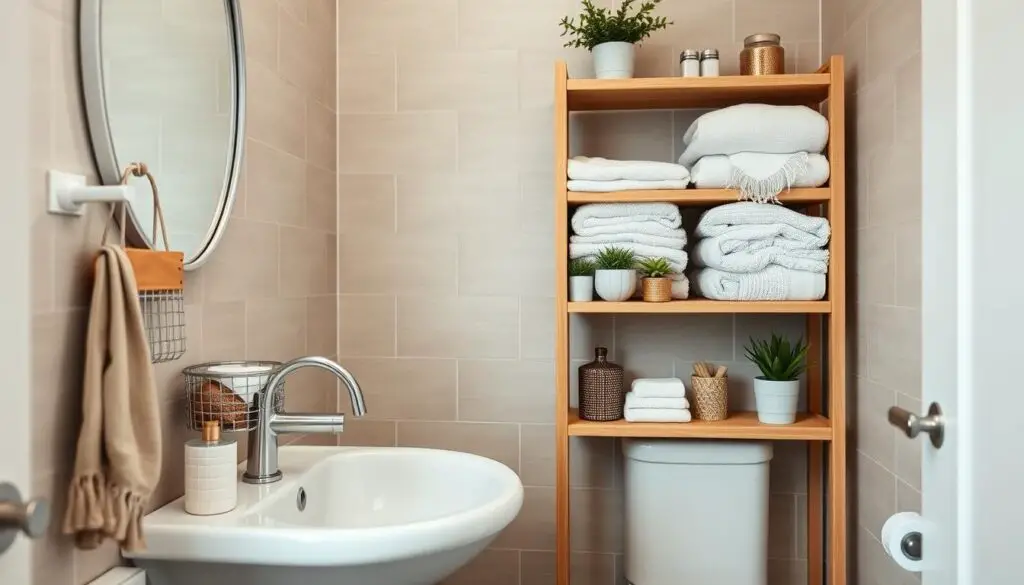 a cozy and well-organized small bathroom with minimalist scandinavian-style decor. the foreground features a pedestal sink with a sleek faucet, a wall-mounted mirror, and a collection of practical storage accessories like a hanging metal wire basket, a wooden vanity tray, and a ceramic soap dish. the middle ground showcases a compact open shelving unit made of natural wood, displaying neatly folded towels, plants, and other decorative elements. the background has a tiled wall in muted neutral tones, creating a calming and inviting atmosphere. the lighting is soft and diffused, highlighting the clean lines and natural textures of the space. the overall composition conveys a sense of efficiency, style, and functional elegance.