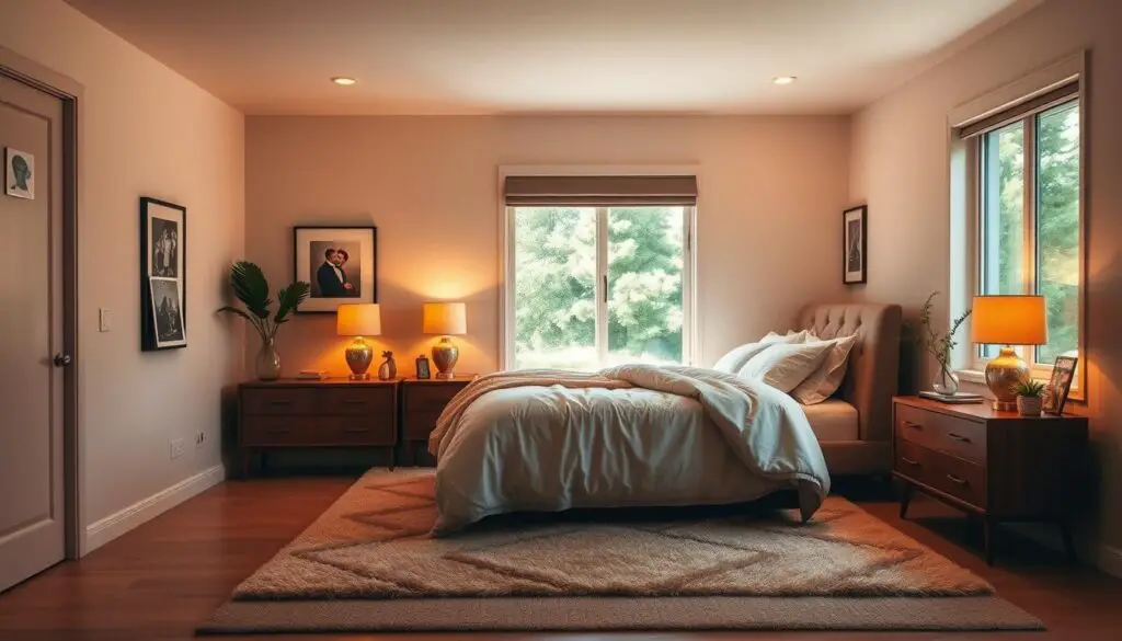 a cozy, couple-friendly bedroom with warm, ambient lighting, a plush king-size bed with soft, neutral-toned bedding, and a pair of matching nightstands with decorative lamps. the room has a minimalist, elegant aesthetic, with a large window letting in natural light and offering a view of a lush, green outdoor landscape. the walls are painted in a calming, neutral color palette, and the floor is covered in a plush, neutral-toned area rug. tasteful artwork and personal decor items, such as framed photos and plants, add a touch of personalization to the space, creating a welcoming and intimate atmosphere for a couple to share. a cozy, couple-friendly bedroom with warm, ambient lighting, a plush king-size bed with soft, neutral-toned bedding, and a pair of matching nightstands with decorative lamps. the room has a minimalist, elegant aesthetic, with a large window letting in natural light and offering a view of a lush, green outdoor landscape. the walls are painted in a calming, neutral color palette, and the floor is covered in a plush, neutral-toned area rug. tasteful artwork and personal decor items, such as framed photos and plants, add a touch of personalization to the space, creating a welcoming and intimate atmosphere for a couple to share.