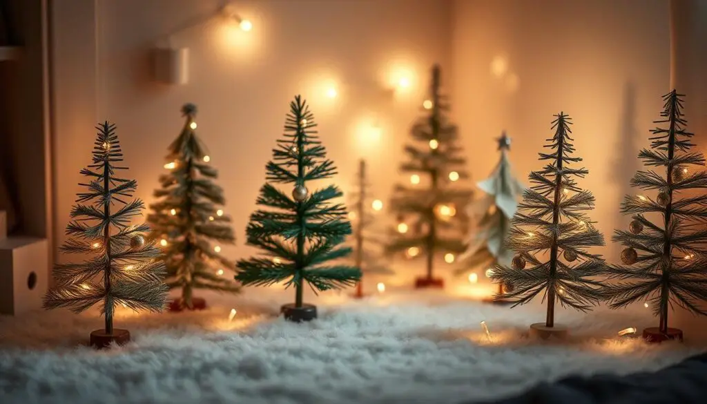 a cozy, festive scene of small, whimsical Christmas trees in a warm, intimate setting, with soft, twinkling lights illuminating the delicate branches and ornaments. The trees are arranged in a harmonious composition, casting gentle shadows on a plush, snowy floor. The lighting is soft and inviting, creating a sense of comfort and holiday cheer. The trees are of varying heights and shapes, adding visual interest and a sense of playfulness to the scene. The overall atmosphere is one of tranquility and holiday magic, perfect for a small bathroom or cozy corner.