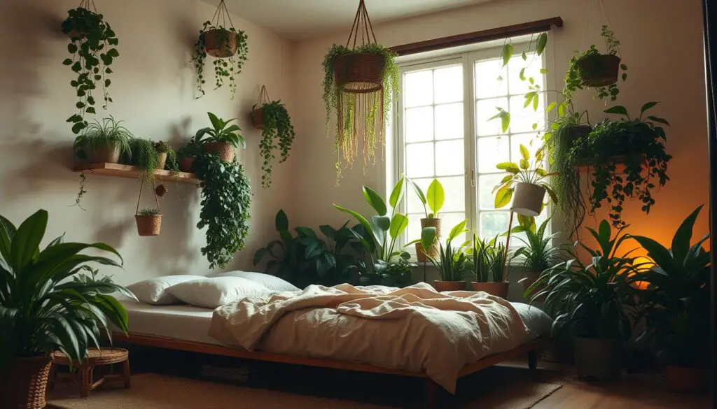a cozy, minimalist bedroom with an abundance of lush, verdant plants cascading from shelves and hanging baskets, bathed in soft, warm lighting from a large window that floods the space with a gentle, natural glow; the bed is a simple, low-profile platform style, accented with soft, textured bedding in earthy tones; the walls are a calming, neutral shade, allowing the plants to take center stage and create a serene, sanctuary-like atmosphere; the room is captured from a low, slightly angled perspective to emphasize the coziness and enveloping presence of the greenery a cozy, minimalist bedroom with an abundance of lush, verdant plants cascading from shelves and hanging baskets, bathed in soft, warm lighting from a large window that floods the space with a gentle, natural glow; the bed is a simple, low-profile platform style, accented with soft, textured bedding in earthy tones; the walls are a calming, neutral shade, allowing the plants to take center stage and create a serene, sanctuary-like atmosphere; the room is captured from a low, slightly angled perspective to emphasize the coziness and enveloping presence of the greenery