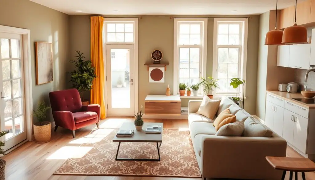 a cozy, well-designed small living room with an open-concept kitchen, flooded with warm, natural sunlight from large windows. The color scheme features a harmonious blend of earthy tones, such as sage green walls, mustard yellow accents, and natural wood tones in the furniture and decor. Subtle pops of color, like a deep burgundy armchair and a geometric patterned rug, add visual interest. The layout is functional yet stylish, with a compact sofa, a sleek coffee table, and a small dining table seamlessly integrated into the space. Minimalist lighting fixtures and potted plants create a serene, calming atmosphere, making the most of the limited square footage. a cozy, well-designed small living room with an open-concept kitchen, flooded with warm, natural sunlight from large windows. The color scheme features a harmonious blend of earthy tones, such as sage green walls, mustard yellow accents, and natural wood tones in the furniture and decor. Subtle pops of color, like a deep burgundy armchair and a geometric patterned rug, add visual interest. The layout is functional yet stylish, with a compact sofa, a sleek coffee table, and a small dining table seamlessly integrated into the space. Minimalist lighting fixtures and potted plants create a serene, calming atmosphere, making the most of the limited square footage.