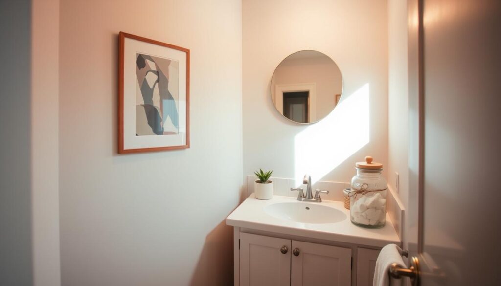 a cozy, well-lit bathroom with minimalist decor, displaying artistic touches like a framed abstract painting on the wall, a small potted plant on the vanity, and a decorative glass vase or jar holding bath salts or other bathroom accessories. The room has a neutral color palette with warm, soft lighting, creating a serene and relaxing atmosphere. The overall composition emphasizes the small but thoughtfully designed space, showcasing how artistic elements can enhance the look and feel of a tiny bathroom.
