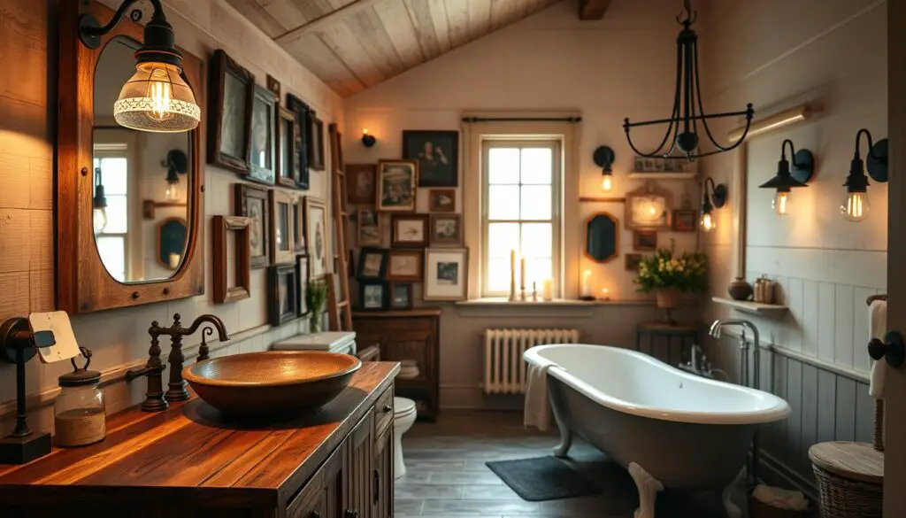 a cozy, well-lit cottage-style bathroom with an eclectic mix of vintage and modern lighting fixtures. The foreground features a rustic, wooden vanity with a farmhouse-inspired vessel sink, complemented by a vintage-inspired sconce and a sleek, minimalist pendant light. The middle ground showcases a claw-foot bathtub surrounded by a gallery wall of mismatched, antique-style frames and candles. In the background, a large window lets in natural light, creating a warm and inviting ambiance, while a mix of industrial-style wall lights and a statement chandelier provide additional illumination. The overall atmosphere is charming, eclectic, and reflective of a cozy, countryside aesthetic.