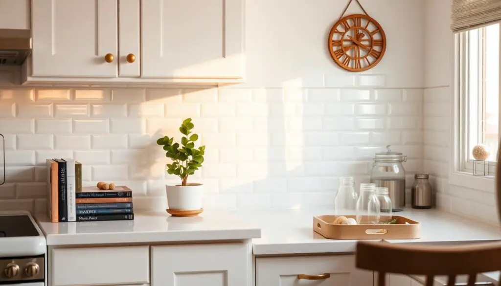 a cozy, white kitchen with small, stylish accessories. the kitchen counter is adorned with a small potted plant, a stack of cookbooks, and a decorative tray holding a few glass jars. the backsplash is a simple, subway tile pattern that reflects the warm, natural light filtering in through a nearby window. the kitchen cabinets are clean and minimalist, with small brass pulls that add a touch of elegance. a small, round, wooden wall hanging or clock adds a rustic, homey feel to the space. the overall atmosphere is bright, airy, and inviting, with a focus on thoughtful, functional decor that complements the small, white kitchen. a cozy, white kitchen with small, stylish accessories. the kitchen counter is adorned with a small potted plant, a stack of cookbooks, and a decorative tray holding a few glass jars. the backsplash is a simple, subway tile pattern that reflects the warm, natural light filtering in through a nearby window. the kitchen cabinets are clean and minimalist, with small brass pulls that add a touch of elegance. a small, round, wooden wall hanging or clock adds a rustic, homey feel to the space. the overall atmosphere is bright, airy, and inviting, with a focus on thoughtful, functional decor that complements the small, white kitchen.