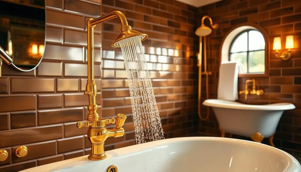 a luxurious golden bathroom with high-quality fixtures, including a sleek faucet, elegant shower head, and a gorgeous clawfoot bathtub. The fixtures have a warm, metallic sheen that reflects the soft, ambient lighting. The bathroom is adorned with rich brown tiling, creating a cohesive and sophisticated atmosphere. The overall scene exudes a sense of elegance and indulgence, capturing the essence of a luxurious, high-end bathroom space. a luxurious golden bathroom with high-quality fixtures, including a sleek faucet, elegant shower head, and a gorgeous clawfoot bathtub. The fixtures have a warm, metallic sheen that reflects the soft, ambient lighting. The bathroom is adorned with rich brown tiling, creating a cohesive and sophisticated atmosphere. The overall scene exudes a sense of elegance and indulgence, capturing the essence of a luxurious, high-end bathroom space.
