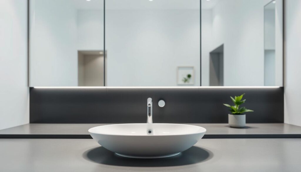 a minimalist bathroom design with clean lines, modern fixtures, and a focus on natural elements. The foreground features a simple white porcelain sink with a sleek chrome faucet, set against a smooth, matte black backsplash. The middle ground showcases a large, frameless mirror with subtle lighting, creating a sense of depth and ambiance. In the background, a single, vibrant plant in a minimalist planter adds a touch of greenery, complementing the overall minimalist aesthetic. The lighting is soft and diffused, creating a calming, spa-like atmosphere. The composition emphasizes simplicity, functionality, and a harmonious balance of materials and textures. a minimalist bathroom design with clean lines, modern fixtures, and a focus on natural elements. The foreground features a simple white porcelain sink with a sleek chrome faucet, set against a smooth, matte black backsplash. The middle ground showcases a large, frameless mirror with subtle lighting, creating a sense of depth and ambiance. In the background, a single, vibrant plant in a minimalist planter adds a touch of greenery, complementing the overall minimalist aesthetic. The lighting is soft and diffused, creating a calming, spa-like atmosphere. The composition emphasizes simplicity, functionality, and a harmonious balance of materials and textures.