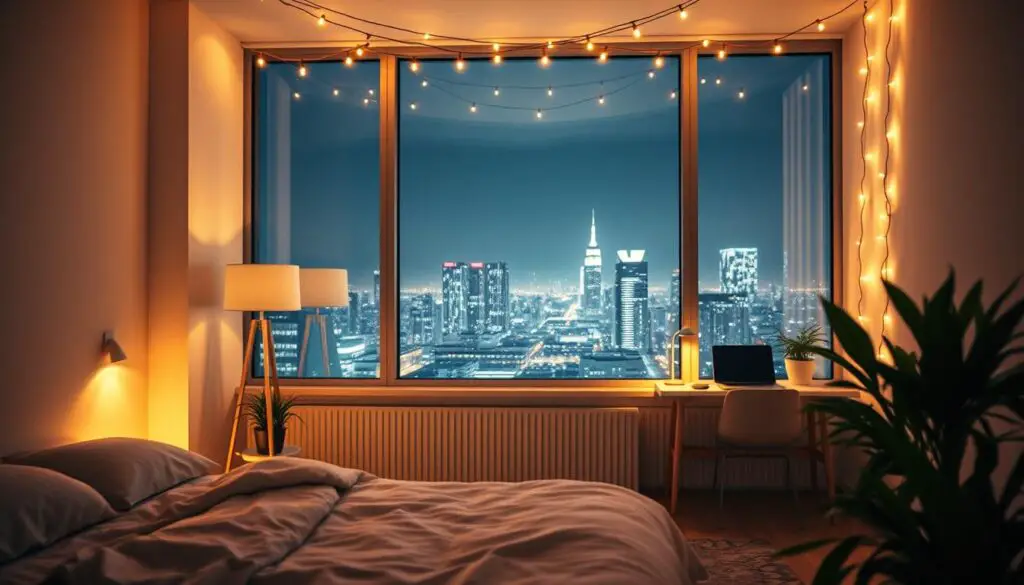 a minimalist bedroom with warm and cozy lighting, a large window overlooking a cityscape at night, soft ambient lighting from a floor lamp and string lights draped across the ceiling, a small desk with a laptop and potted plant, a plush rug and plants in the corner, the overall mood is serene and inviting, close-up shot focusing on the lighting elements a minimalist bedroom with warm and cozy lighting, a large window overlooking a cityscape at night, soft ambient lighting from a floor lamp and string lights draped across the ceiling, a small desk with a laptop and potted plant, a plush rug and plants in the corner, the overall mood is serene and inviting, close-up shot focusing on the lighting elements