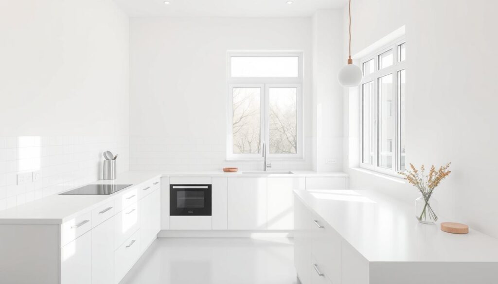 a minimalist white kitchen with clean, simple lines and a bright, airy atmosphere. the kitchen has a sleek, modern design with white cabinets, a white tile backsplash, and a white quartz countertop. the room is bathed in natural light streaming in through large windows, creating a serene and calming ambiance. the kitchen is sparsely decorated, with only a few carefully chosen accessories such as a vase of fresh flowers or a modern pendant light, emphasizing the minimalist aesthetic. the overall impression is one of elegance, simplicity, and functionality. a minimalist white kitchen with clean, simple lines and a bright, airy atmosphere. the kitchen has a sleek, modern design with white cabinets, a white tile backsplash, and a white quartz countertop. the room is bathed in natural light streaming in through large windows, creating a serene and calming ambiance. the kitchen is sparsely decorated, with only a few carefully chosen accessories such as a vase of fresh flowers or a modern pendant light, emphasizing the minimalist aesthetic. the overall impression is one of elegance, simplicity, and functionality.