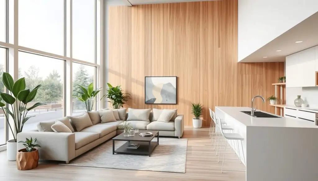 a modern open concept living room with a minimalist aesthetic, featuring a large windows that flood the space with natural light, a plush sectional sofa arranged in a conversational layout, and a sleek, wood-paneled accent wall that creates a focal point. the room has a neutral color palette with pops of greenery from potted plants, creating a calming and inviting atmosphere. the kitchen is seamlessly integrated into the living space, with a clean, white countertop and modern appliances. the overall design emphasizes efficiency and flow, making the most of the available square footage. a modern open concept living room with a minimalist aesthetic, featuring a large windows that flood the space with natural light, a plush sectional sofa arranged in a conversational layout, and a sleek, wood-paneled accent wall that creates a focal point. the room has a neutral color palette with pops of greenery from potted plants, creating a calming and inviting atmosphere. the kitchen is seamlessly integrated into the living space, with a clean, white countertop and modern appliances. the overall design emphasizes efficiency and flow, making the most of the available square footage.