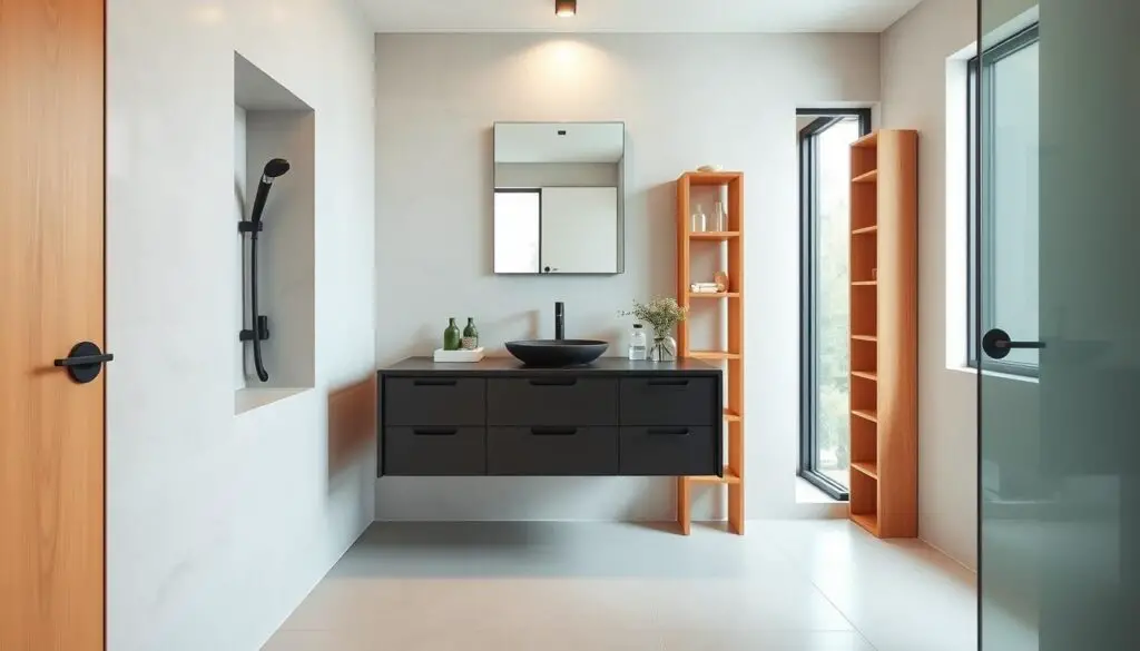 a modern, stylish apartment bathroom with minimalist design elements. Sleek, floating vanity with integrated sink and ample storage drawers underneath. Matte black faucet and hardware create a contemporary contrast against the light-colored tile. Recessed medicine cabinet with mirrored front provides additional concealed storage. Tall, narrow shelving unit in natural wood finish adds a warm, rustic touch. Overhead lighting casts a soft, diffused glow, while a large window allows natural light to flood the space. Polished concrete or light-colored stone floor tiles complete the modern, spa-like aesthetic.