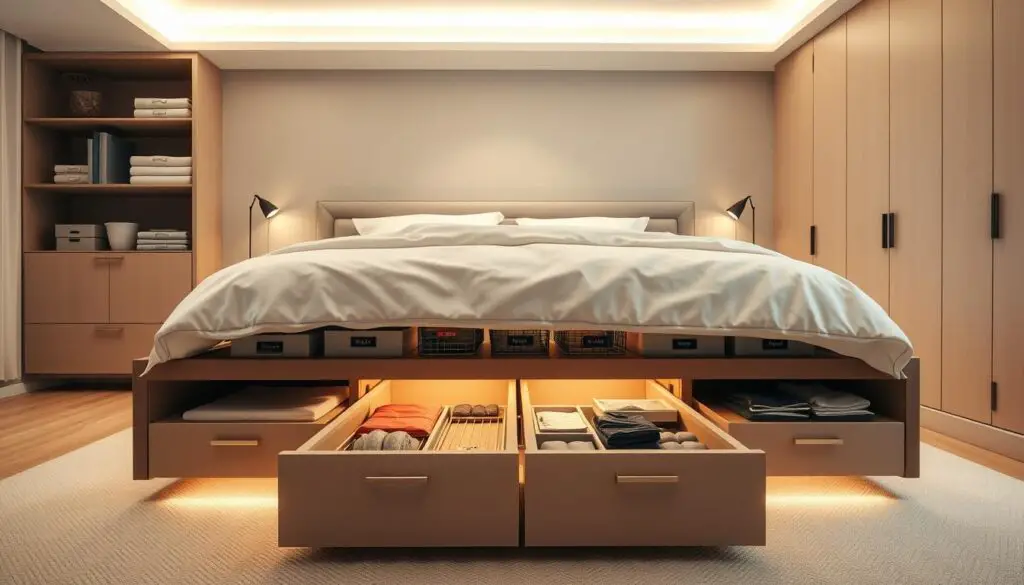 a neatly organized bedroom interior with minimalist decor, featuring an elegant low-profile bed frame with ample under-bed storage compartments visible, showcasing a variety of practical storage solutions such as labeled boxes, baskets, and sliding drawers, all illuminated by soft, warm lighting creating a calming, cozy atmosphere, shot from a low, slightly angled perspective to highlight the storage features a neatly organized bedroom interior with minimalist decor, featuring an elegant low-profile bed frame with ample under-bed storage compartments visible, showcasing a variety of practical storage solutions such as labeled boxes, baskets, and sliding drawers, all illuminated by soft, warm lighting creating a calming, cozy atmosphere, shot from a low, slightly angled perspective to highlight the storage features