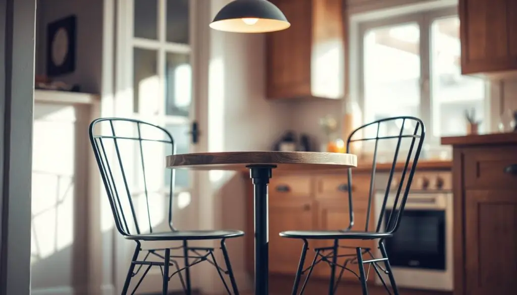 a small bistro table set in a cozy, sun-drenched kitchen nook, with two contemporary metal chairs positioned around it. the table features a rustic wooden top and slender black metal legs, creating an industrial-chic aesthetic. the kitchen is bathed in warm, soft lighting from a pendant lamp above, casting a gentle glow on the scene. the background is blurred, hinting at the larger kitchen space while keeping the focus on the intimate dining area. the overall atmosphere is one of comfort, simplicity, and functionality, perfectly suited for a small-space dining solution.
