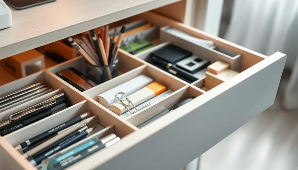a well-organized drawer with various compartments and dividers, neatly arranged office supplies and stationery items such as pens, pencils, clips, and sticky notes, a warm and natural lighting illuminating the scene, a minimalist design aesthetic with a focus on functionality and efficiency, a close-up view that showcases the organized layout and attention to detail, a sense of order and productivity that creates a calming and inspiring atmosphere