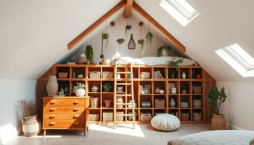 an airy, sun-drenched attic bedroom with cozy nooks and creative storage solutions. a mid-century modern wooden dresser stands in the foreground, its drawers and shelves neatly organized. behind it, a built-in bookshelf lines the wall, its cubbies filled with baskets, vases, and decorative accents. a rustic wooden ladder leans against the exposed beams, leading up to a lofted sleeping area with plush bedding and an array of hanging plants. natural light filters in through large skylights, casting a warm glow over the space. the overall aesthetic is a harmonious blend of vintage and contemporary, with clean lines, natural textures, and a sense of calm and functionality. an airy, sun-drenched attic bedroom with cozy nooks and creative storage solutions. a mid-century modern wooden dresser stands in the foreground, its drawers and shelves neatly organized. behind it, a built-in bookshelf lines the wall, its cubbies filled with baskets, vases, and decorative accents. a rustic wooden ladder leans against the exposed beams, leading up to a lofted sleeping area with plush bedding and an array of hanging plants. natural light filters in through large skylights, casting a warm glow over the space. the overall aesthetic is a harmonious blend of vintage and contemporary, with clean lines, natural textures, and a sense of calm and functionality.