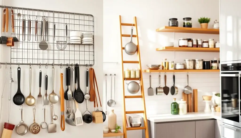 creative kitchen storage solutions featuring a variety of hooks, shelves, and racks arranged in a well-organized and visually appealing manner. the scene is set in a bright, airy kitchen with natural lighting streaming in through large windows. the foreground showcases an assortment of kitchen tools and utensils neatly hung on a metal grid wall rack, with additional storage space provided by open shelves displaying various jars, spices, and decorative items. the middle ground features a wooden ladder-style rack holding pots, pans, and other cooking essentials, while the background includes a minimalist, white-tiled backsplash and sleek, modern cabinetry. creative kitchen storage solutions featuring a variety of hooks, shelves, and racks arranged in a well-organized and visually appealing manner. the scene is set in a bright, airy kitchen with natural lighting streaming in through large windows. the foreground showcases an assortment of kitchen tools and utensils neatly hung on a metal grid wall rack, with additional storage space provided by open shelves displaying various jars, spices, and decorative items. the middle ground features a wooden ladder-style rack holding pots, pans, and other cooking essentials, while the background includes a minimalist, white-tiled backsplash and sleek, modern cabinetry.