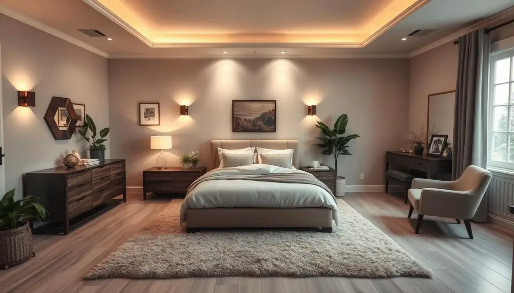 intimate bedroom layout, cozy and inviting, with a plush king-size bed in the center, flanked by nightstands with warm table lamps. A stylish dresser and vanity occupy the back wall, with a large mirror reflecting the soft lighting. Plush area rugs and lush houseplants add natural elements, while a chaise lounge and armchair create a seating area by the window. Minimalist wall decor and neutral tones create a serene, calming atmosphere. Soft, directional lighting from sconces and recessed fixtures sets a romantic, intimate mood. Captured with a wide-angle lens to showcase the layout and maximize the sense of space. intimate bedroom layout, cozy and inviting, with a plush king-size bed in the center, flanked by nightstands with warm table lamps. A stylish dresser and vanity occupy the back wall, with a large mirror reflecting the soft lighting. Plush area rugs and lush houseplants add natural elements, while a chaise lounge and armchair create a seating area by the window. Minimalist wall decor and neutral tones create a serene, calming atmosphere. Soft, directional lighting from sconces and recessed fixtures sets a romantic, intimate mood. Captured with a wide-angle lens to showcase the layout and maximize the sense of space.
