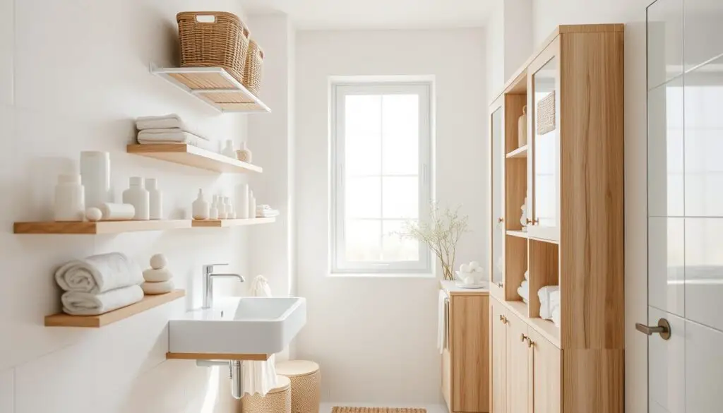 small bathroom with modern, minimalist shelves and storage units, featuring floating shelves, hanging baskets, and built-in cabinets. Bright, natural lighting floods the space through a large window, creating a clean, airy atmosphere. The shelves display neatly organized towels, toiletries, and decorative accents in soothing neutral tones, complementing the light-colored tiles and wooden elements. The overall scene conveys a sense of tranquility and efficiency, showcasing smart storage solutions for a relaxing, spa-like small bathroom experience. small bathroom with modern, minimalist shelves and storage units, featuring floating shelves, hanging baskets, and built-in cabinets. Bright, natural lighting floods the space through a large window, creating a clean, airy atmosphere. The shelves display neatly organized towels, toiletries, and decorative accents in soothing neutral tones, complementing the light-colored tiles and wooden elements. The overall scene conveys a sense of tranquility and efficiency, showcasing smart storage solutions for a relaxing, spa-like small bathroom experience.