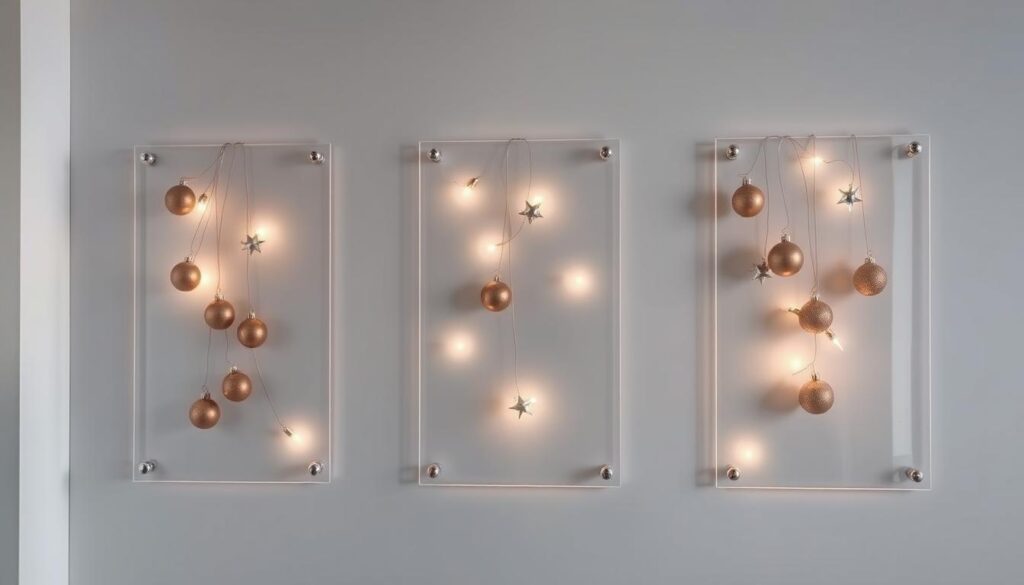 space-saving Christmas wall decor with a minimalist aesthetic, featuring delicate metallic ornaments floating on transparent acrylic panels, creating the illusion of weightless decoration. the ornaments are arranged in a dynamic, asymmetrical layout, casting soft, warm light across the wall. the panels are mounted flush against the wall, creating a sleek, modern look. the lighting is subtle and indirect, with small LED lights embedded in the panels, illuminating the ornaments from behind. the overall mood is one of elegant simplicity, perfect for small spaces or minimalist interiors.
