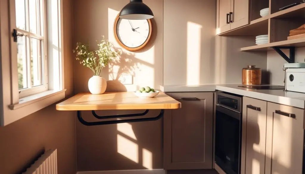 A cozy wall-mounted table nestled in a small kitchen, illuminated by warm natural light flooding through the nearby window. The table's clean, minimalist design features a sleek wooden top and elegant metal frame, seamlessly integrated into the kitchen's neutral color scheme. Compact yet functional, it provides a practical solution for dining or workspace in a limited space. Carefully curated decor, such as a potted plant and a simple vase, adds a touch of charm, while the surrounding cabinetry and shelving offer ample storage. The overall scene exudes a sense of efficiency and refined style, perfectly suited for the "Small Kitchen Wall-Mounted Tables" section of the article.