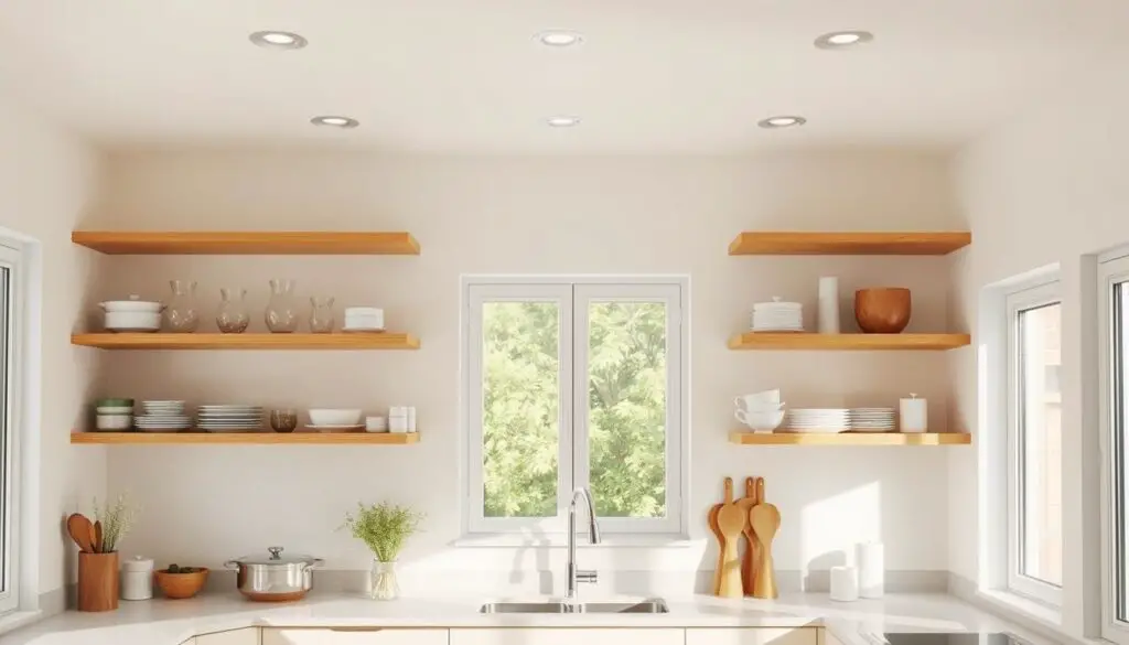 A bright, airy kitchen with minimalist open shelving units lining the walls, displaying a carefully curated selection of cookware, glassware, and decorative items. The shelves are made of natural wood, complementing the warm, neutral color palette of the space. Soft, indirect lighting from recessed ceiling fixtures and large windows creates a tranquil, inviting atmosphere. The kitchen's layout is compact but efficient, with a simple, clean-lined design that emphasizes the open, uncluttered feel. The image captures the essence of "Open Shelving: A Stylish Solution" for a small kitchen, showcasing how this design element can enhance the sense of space and add visual interest.