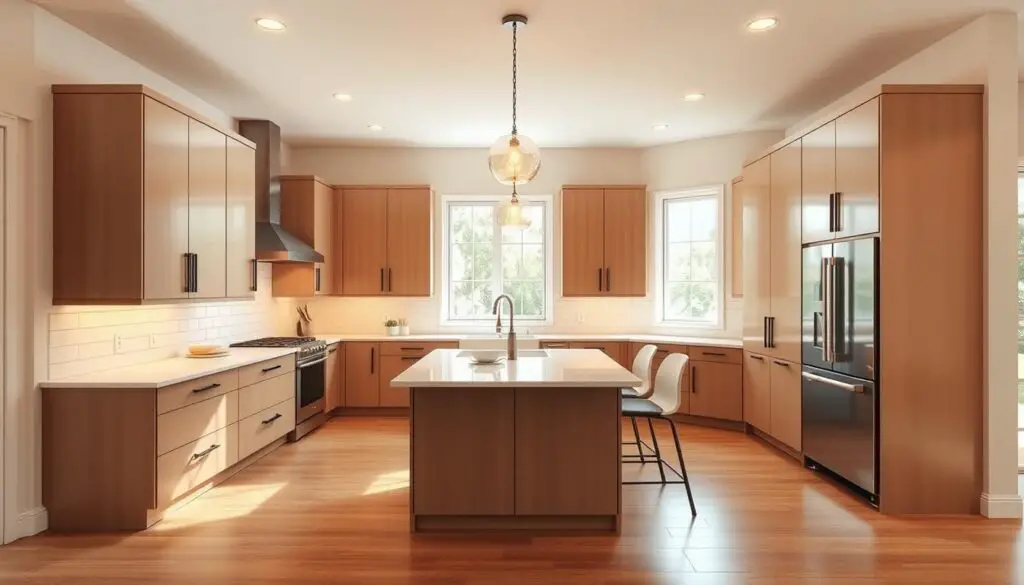 A U-shaped kitchen design featuring sleek, modern cabinetry in a warm, neutral color palette. The layout showcases a central island with a quartz countertop, providing ample prep space and seating. The walls are adorned with minimalist tile backsplash, creating a seamless and cohesive aesthetic. Warm pendant lighting fixtures illuminate the space, casting a cozy glow. The large windows allow natural light to flood the room, enhancing the airy and inviting atmosphere. Stainless steel appliances are neatly integrated, contributing to the overall streamlined and efficient design. The hardwood flooring adds a touch of natural warmth, tying the entire U-shaped kitchen together in a visually balanced and functional manner. A U-shaped kitchen design featuring sleek, modern cabinetry in a warm, neutral color palette. The layout showcases a central island with a quartz countertop, providing ample prep space and seating. The walls are adorned with minimalist tile backsplash, creating a seamless and cohesive aesthetic. Warm pendant lighting fixtures illuminate the space, casting a cozy glow. The large windows allow natural light to flood the room, enhancing the airy and inviting atmosphere. Stainless steel appliances are neatly integrated, contributing to the overall streamlined and efficient design. The hardwood flooring adds a touch of natural warmth, tying the entire U-shaped kitchen together in a visually balanced and functional manner.