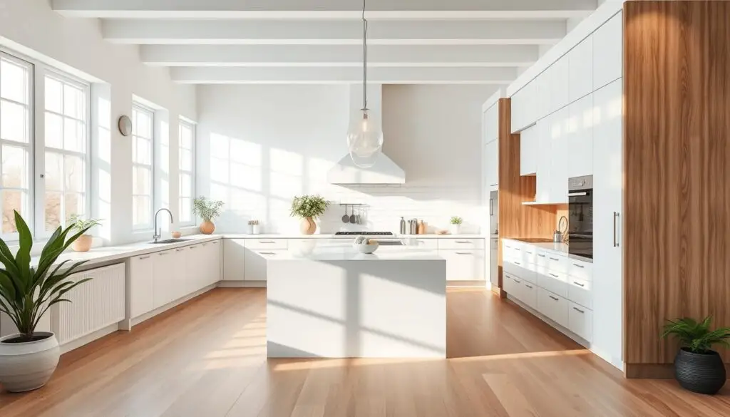 A bright, airy kitchen with a harmonious color scheme of soft blues, whites, and warm wood tones. The open layout features a central island with modern pendant lights casting a gentle glow. Sleek, minimalist cabinets line the walls, complemented by subway tile backsplash. Natural light streams in through large windows, casting a serene ambiance. Potted plants and a few carefully chosen decorative elements add a touch of organic warmth. The overall impression is one of calm, inviting sophistication - a kitchen that seamlessly blends form and function.