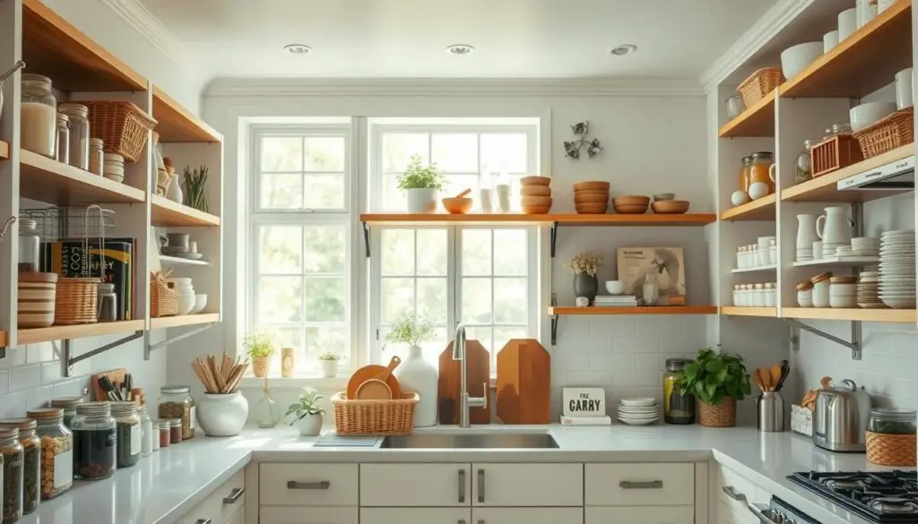 A bright, airy kitchen with open shelving showcasing an array of neatly organized kitchen essentials. In the foreground, various small storage solutions such as glass jars, wicker baskets, and minimalist containers line the shelves, creating a visually appealing and functional display. The middle ground features a mix of cookbooks, herbs, and decorative accents, while the background boasts warm, natural lighting filtering through large windows, casting a soft glow over the entire scene. The overall atmosphere exudes a sense of order, efficiency, and a touch of rustic charm, perfectly complementing the "Opt for Open Shelving to Enhance Depth" section of the article. A bright, airy kitchen with open shelving showcasing an array of neatly organized kitchen essentials. In the foreground, various small storage solutions such as glass jars, wicker baskets, and minimalist containers line the shelves, creating a visually appealing and functional display. The middle ground features a mix of cookbooks, herbs, and decorative accents, while the background boasts warm, natural lighting filtering through large windows, casting a soft glow over the entire scene. The overall atmosphere exudes a sense of order, efficiency, and a touch of rustic charm, perfectly complementing the "Opt for Open Shelving to Enhance Depth" section of the article.