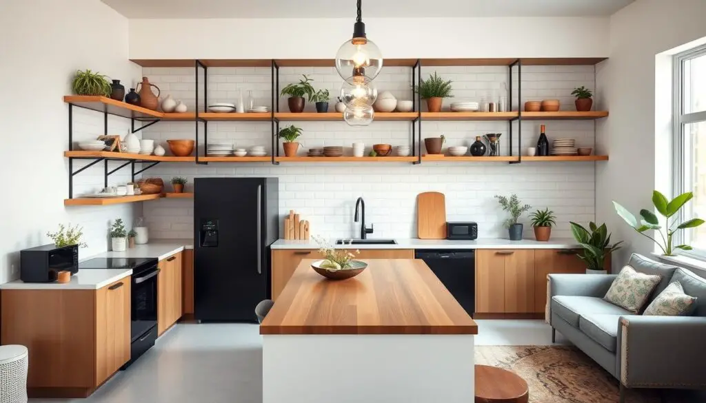 A bright, airy open kitchen design for a small space, featuring a minimalist aesthetic with clean lines and ample natural light. The focal point is an expansive open shelving unit, showcasing a curated collection of ceramic dishes, glassware, and potted plants against a white tile backsplash. Sleek, matte black appliances blend seamlessly into the design, while a central island with a wooden countertop provides additional prep and storage space. Soft, diffused lighting from pendant fixtures illuminates the space, creating a warm and inviting atmosphere. The layout is open and flowing, with the kitchen seamlessly integrated into the adjacent living area, fostering a sense of connectivity and spaciousness.