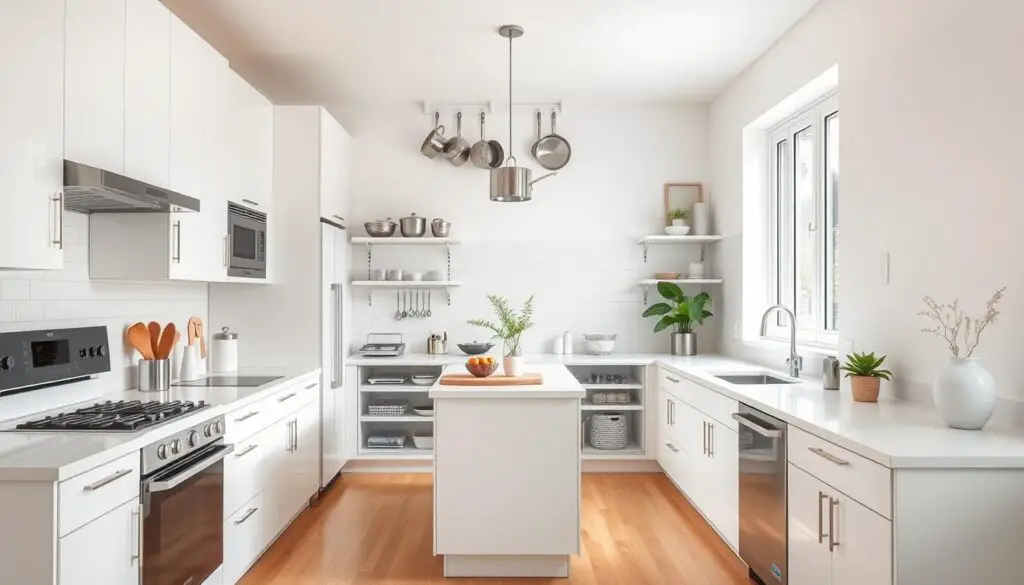 A bright, airy small kitchen with clean white countertops and cabinets. Sleek, minimalist appliances and a large window flooding the space with natural light. A central island serves as a focal point, with strategic shelving and hooks maximizing vertical storage. Stainless steel pots and pans hang above, and a potted plant adds a refreshing touch. The floors are a light-colored wood, and the overall atmosphere is one of efficient organization and calm productivity. A bright, airy small kitchen with clean white countertops and cabinets. Sleek, minimalist appliances and a large window flooding the space with natural light. A central island serves as a focal point, with strategic shelving and hooks maximizing vertical storage. Stainless steel pots and pans hang above, and a potted plant adds a refreshing touch. The floors are a light-colored wood, and the overall atmosphere is one of efficient organization and calm productivity.