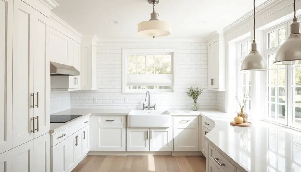 A bright and airy kitchen with a classic white color scheme. The cabinetry features clean lines and a smooth, matte finish, complemented by gleaming chrome hardware. A large farmhouse-style sink is set against a backsplash of crisp white subway tiles, creating a timeless aesthetic. Overhead, a statement lighting fixture casts a warm, ambient glow, while natural light filters in through large windows, illuminating the space. Sleek quartz countertops provide ample workspace, and the floor is covered in a light, hardwood-inspired tile. The overall atmosphere is one of understated elegance and timeless appeal, making this the epitome of a classic white kitchen design. A bright and airy kitchen with a classic white color scheme. The cabinetry features clean lines and a smooth, matte finish, complemented by gleaming chrome hardware. A large farmhouse-style sink is set against a backsplash of crisp white subway tiles, creating a timeless aesthetic. Overhead, a statement lighting fixture casts a warm, ambient glow, while natural light filters in through large windows, illuminating the space. Sleek quartz countertops provide ample workspace, and the floor is covered in a light, hardwood-inspired tile. The overall atmosphere is one of understated elegance and timeless appeal, making this the epitome of a classic white kitchen design.