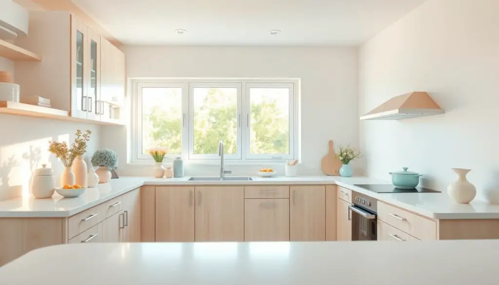 A bright and airy small U-shaped kitchen, bathed in soft, pastel hues. The foreground showcases a clean, minimalist design with light wood cabinets and white countertops. Subtle pops of color in the form of pastel-toned cookware, vases, and decorative accents add visual interest. The middle ground features a large window that floods the space with natural light, casting a warm, inviting glow. In the background, the walls are painted in a soothing, muted palette, complementing the overall light and refreshing atmosphere. The lighting is balanced, with a mix of task lighting and ambient illumination, creating a harmonious and visually appealing space. A bright and airy small U-shaped kitchen, bathed in soft, pastel hues. The foreground showcases a clean, minimalist design with light wood cabinets and white countertops. Subtle pops of color in the form of pastel-toned cookware, vases, and decorative accents add visual interest. The middle ground features a large window that floods the space with natural light, casting a warm, inviting glow. In the background, the walls are painted in a soothing, muted palette, complementing the overall light and refreshing atmosphere. The lighting is balanced, with a mix of task lighting and ambient illumination, creating a harmonious and visually appealing space.