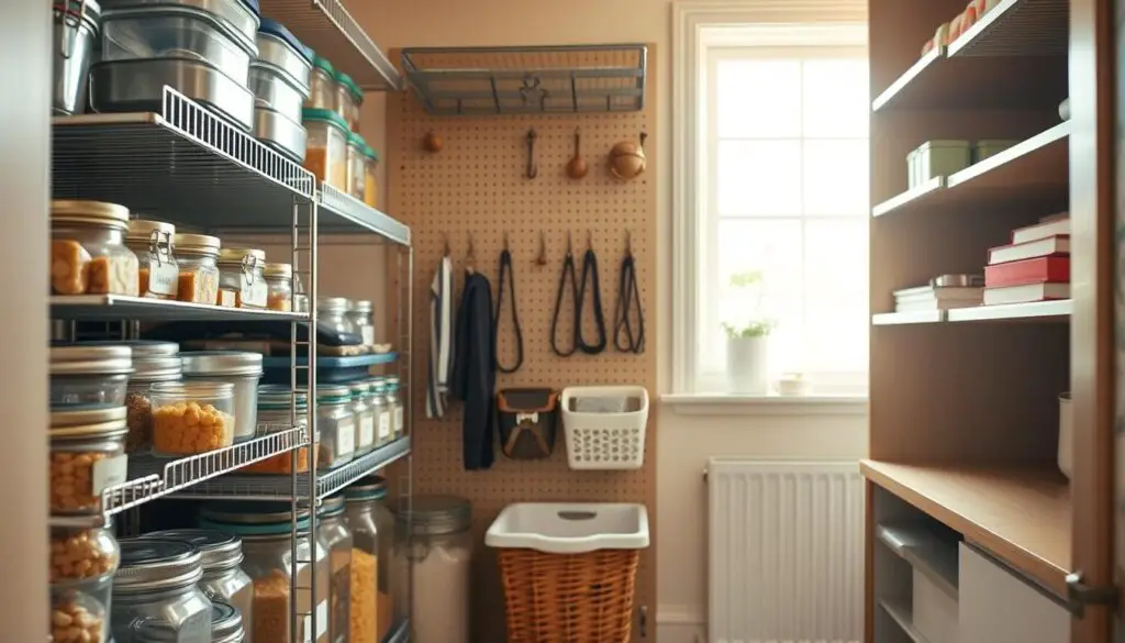 A compact and well-organized pantry setup with an array of space-saving solutions. The foreground features stacked clear containers, sliding wire racks, and labeled jars for a tidy and efficient storage system. The middle ground showcases a pegboard with hooks and baskets to hold smaller items. In the background, built-in shelves with adjustable dividers maximize vertical space. The scene is bathed in warm, natural lighting from a window, creating a cozy and inviting atmosphere for a compact kitchen. The overall impression is one of a streamlined and practical pantry design that makes the most of limited space.