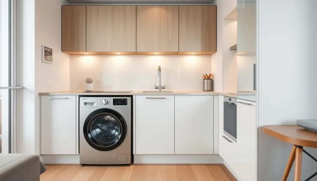 A compact kitchen design with a fully integrated washing machine, maximizing the vertical space. The scene features clean, minimalist cabinetry in a neutral palette, complemented by sleek appliances and a seamless backsplash. The washer is discreetly positioned beneath the countertop, blending seamlessly with the overall aesthetic. Warm, indirect lighting casts a soft glow, creating an inviting and efficient workspace. The composition emphasizes the efficient use of limited square footage, showcasing how a washing machine can be seamlessly incorporated into a small kitchen layout.