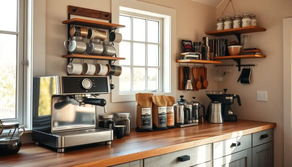 A cozy DIY coffee station nestled on a rustic wooden counter, featuring a sleek espresso machine, a vintage-inspired mug display, and a selection of artisanal coffee beans in burlap sacks. Warm natural lighting filters through a large window, casting a soft glow on the setup. Hanging shelves hold an assortment of coffee-making accessories, from French presses to a retro-style grinder. The overall aesthetic blends modern minimalism with charming farmhouse-inspired details, creating a personalized and inviting space for the coffee enthusiast. A cozy DIY coffee station nestled on a rustic wooden counter, featuring a sleek espresso machine, a vintage-inspired mug display, and a selection of artisanal coffee beans in burlap sacks. Warm natural lighting filters through a large window, casting a soft glow on the setup. Hanging shelves hold an assortment of coffee-making accessories, from French presses to a retro-style grinder. The overall aesthetic blends modern minimalism with charming farmhouse-inspired details, creating a personalized and inviting space for the coffee enthusiast.