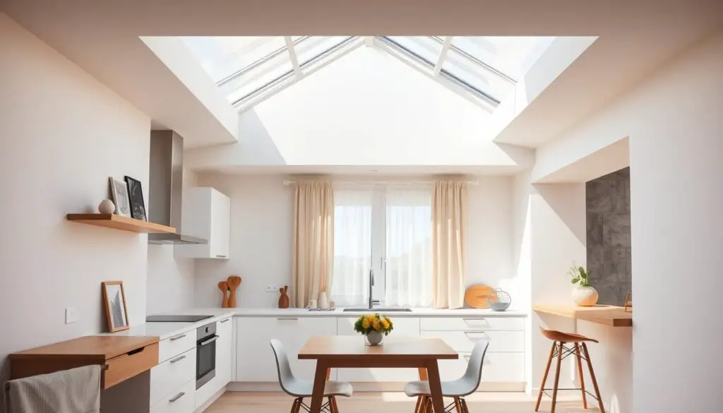 A cozy and bright open-plan kitchen with a large skylight flooding the space with natural light. Sleek white cabinets and countertops provide a clean, minimalist aesthetic, while a small dining table with modern chairs sits in the foreground. Warm wooden accents, such as a floating shelf and bar stools, add a touch of contrast. The kitchen is bathed in a soft, diffused glow from the overhead skylight, creating a serene and inviting atmosphere. Subtle sheer curtains frame the skylight, softening the light and adding a touch of elegance. The overall composition emphasizes the importance of natural illumination in a small open-plan kitchen design.
