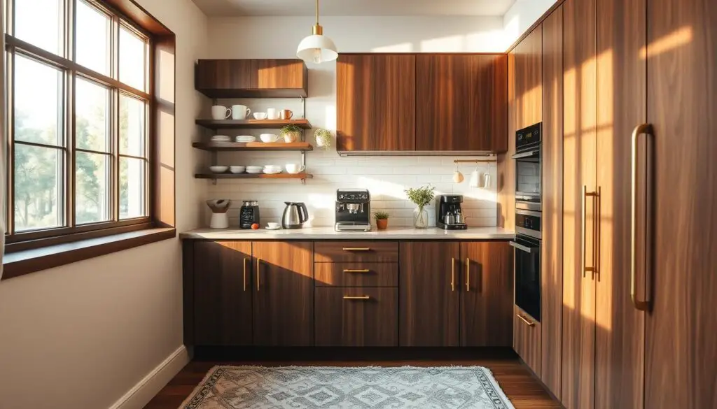 A cozy and compact coffee nook, bathed in warm natural light streaming through a large window. Sleek, modern cabinetry in a rich, dark wood tone provides ample storage and display space for mugs, beans, and brewing equipment. A slim, minimalist counter showcases a state-of-the-art espresso machine and a small, artful plant arrangement. The backsplash features clean, white subway tiles that reflect the light, creating an airy, inviting atmosphere. Brass accents and pendant lighting add a touch of sophistication, while a plush, patterned rug grounds the space and defines the coffee zone within the larger kitchen. An overall sense of efficiency, organization, and refined style captures the essence of a maximized, compact coffee station. A cozy and compact coffee nook, bathed in warm natural light streaming through a large window. Sleek, modern cabinetry in a rich, dark wood tone provides ample storage and display space for mugs, beans, and brewing equipment. A slim, minimalist counter showcases a state-of-the-art espresso machine and a small, artful plant arrangement. The backsplash features clean, white subway tiles that reflect the light, creating an airy, inviting atmosphere. Brass accents and pendant lighting add a touch of sophistication, while a plush, patterned rug grounds the space and defines the coffee zone within the larger kitchen. An overall sense of efficiency, organization, and refined style captures the essence of a maximized, compact coffee station.