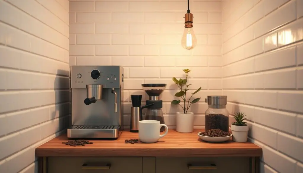 A cozy and compact coffee nook design, featuring a sleek built-in espresso machine and coffee grinder on a minimalist wooden countertop. Artfully arranged nearby, an array of freshly roasted beans, a vintage-inspired mug, and a small potted plant, all bathed in warm, diffused lighting from a pair of Edison bulb pendants. The space is framed by clean, white subway tile walls and accented with touches of brass, creating a harmonious and inviting café-inspired atmosphere, perfect for starting the day with a delightful cup of coffee. A cozy and compact coffee nook design, featuring a sleek built-in espresso machine and coffee grinder on a minimalist wooden countertop. Artfully arranged nearby, an array of freshly roasted beans, a vintage-inspired mug, and a small potted plant, all bathed in warm, diffused lighting from a pair of Edison bulb pendants. The space is framed by clean, white subway tile walls and accented with touches of brass, creating a harmonious and inviting café-inspired atmosphere, perfect for starting the day with a delightful cup of coffee.